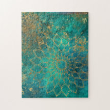 Mandala Grunge Dourado no Teal Abstrato