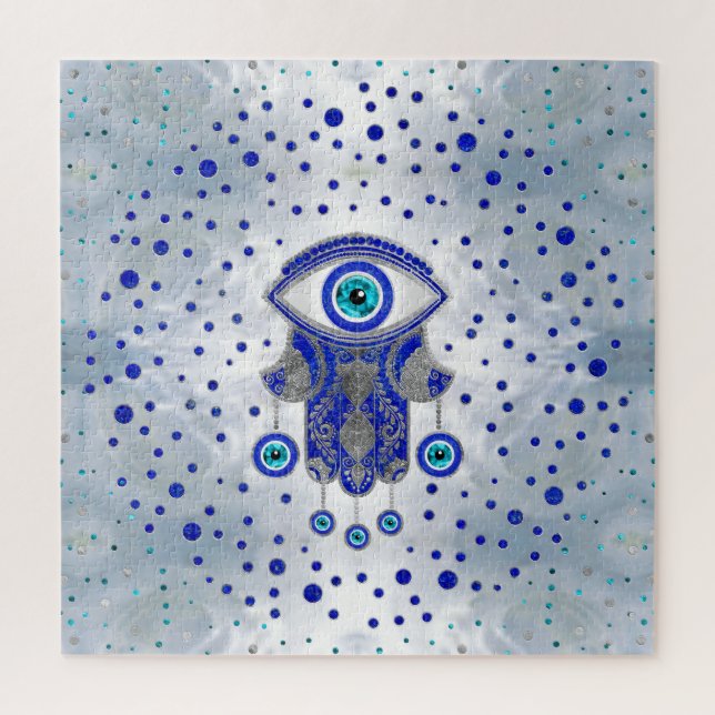 Quebra-cabeça Mão de Hamsa - Mão de Fatima Lapis Lazuli e Prata (Vertical)