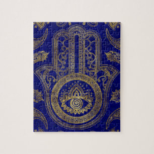 Quebra-cabeça Mão de Hamsa - ouro no lazuli de lapis