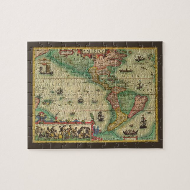 Quebra-cabeça Mapa Antigo do Mundo das Américas por Hondius (Horizontal)