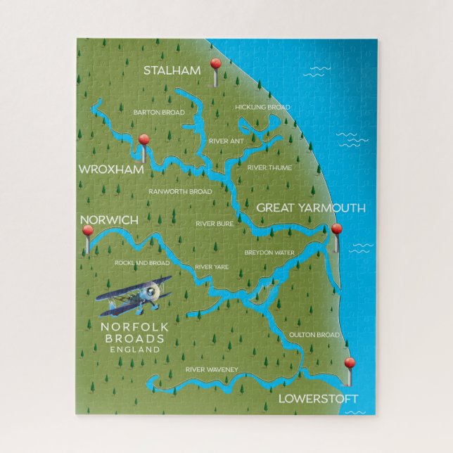 Quebra-cabeça Mapa da Norfolk Broads Inglaterra. (Vertical)