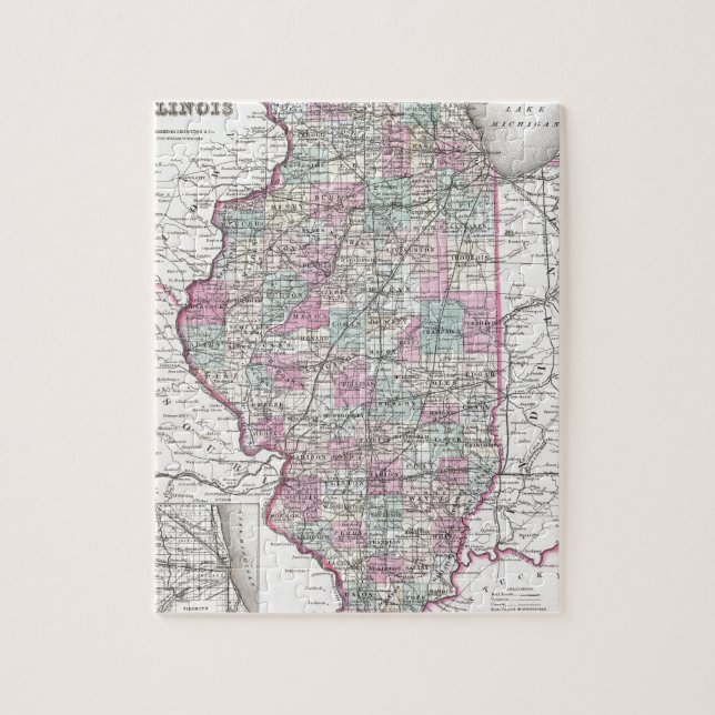 Quebra-cabeça Mapa de Illinois, Joseph Hutchins Colton (Vertical)