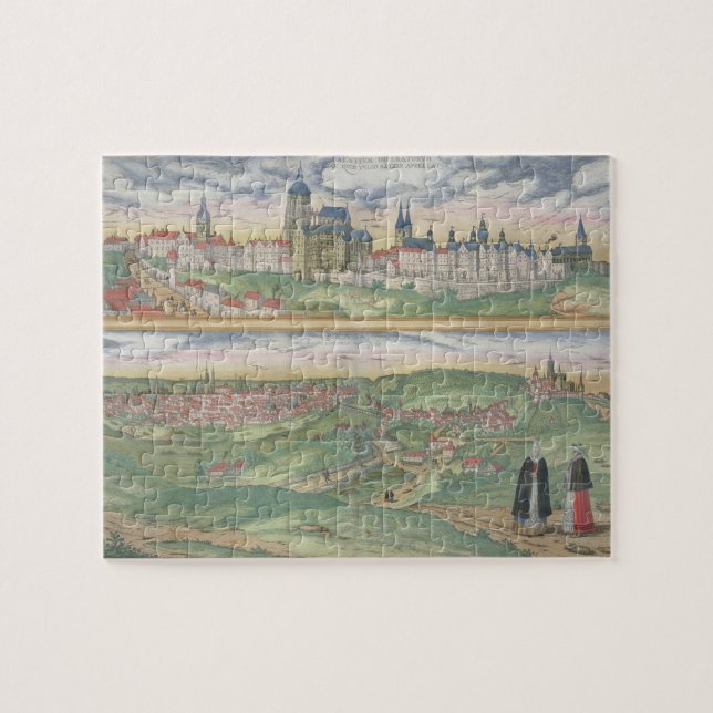 Quebra-cabeça Mapa de Praga, de "Civitates Orbis Terrarum" perto (Horizontal)