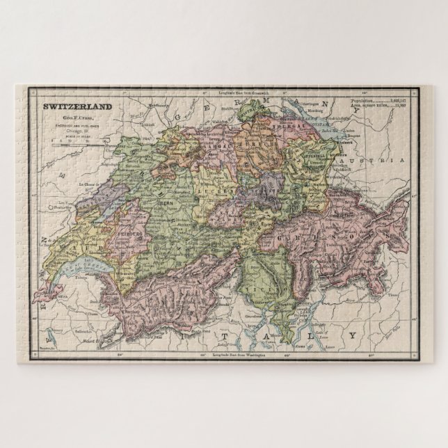 Quebra-cabeça Mapa de Suiças da Vintage (1882) (Horizontal)