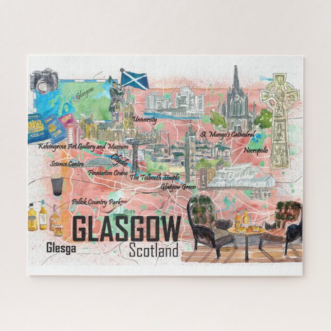 Quebra-cabeça Mapa de Viagem da Escócia de Glasgow  (Horizontal)