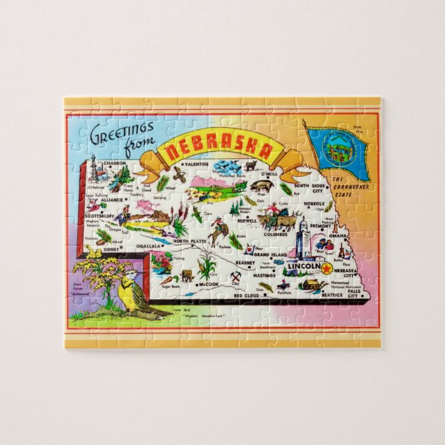 Quebra-cabeça Mapa do Cartão Postal de Nebraska 8x (Horizontal)