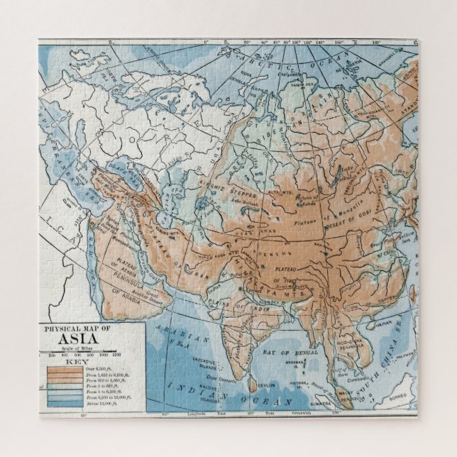 Quebra-cabeça Mapa físico da Ásia (1916) (Vertical)