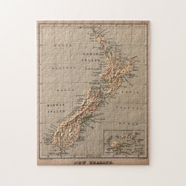 Quebra-cabeça Mapa Físico da Nova Zelândia (1880) (Vertical)