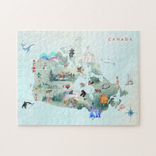Quebra-cabeça Mapa Ilustrado de Cores Aquáticas da Arte do Canad
