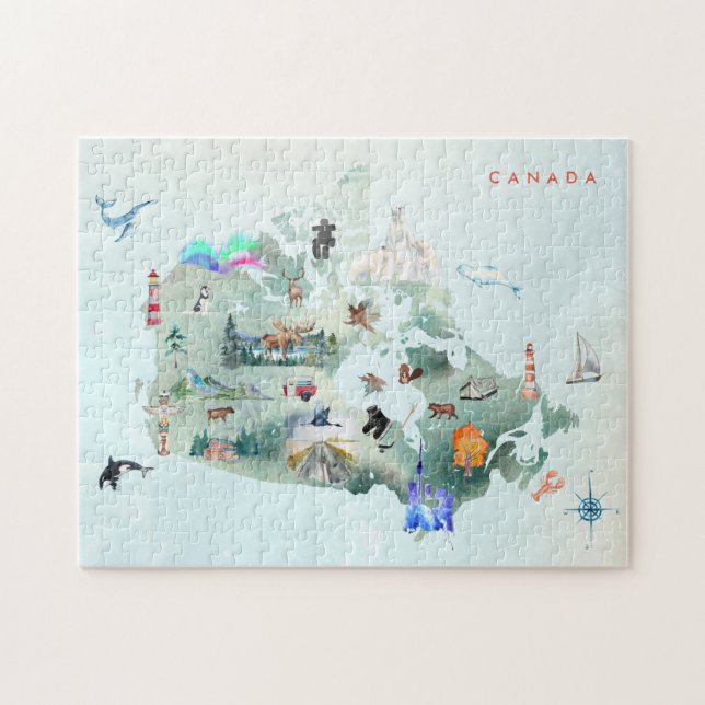Quebra-cabeça Mapa Ilustrado de Cores Aquáticas da Arte do Canad (Horizontal)