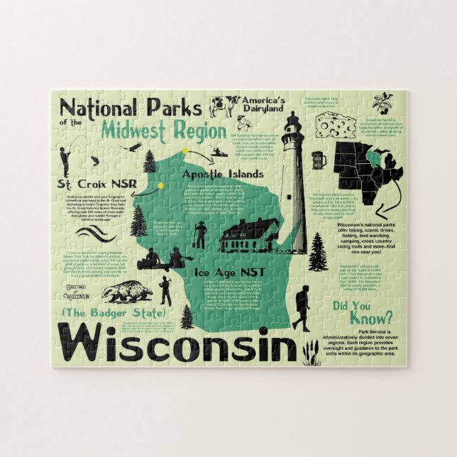 Quebra-cabeça Mapa Infográfico dos Parks Nacionais do Wisconsin (Horizontal)