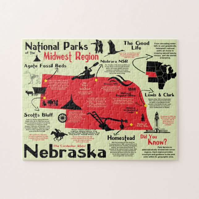 Quebra-cabeça Mapa Infográfico dos Parques Nacionais do Nebraska (Horizontal)
