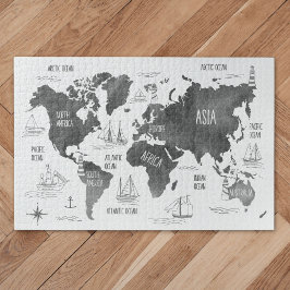 Quebra-cabeça Mapa Mundial Arte Preto Branco Náutico