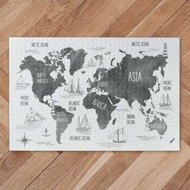 Quebra-cabeça Mapa Mundial Arte Preto Branco Náutico (Close up)