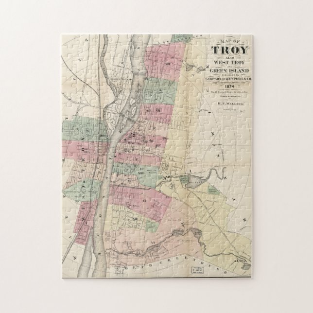 Quebra-cabeça Mapa Vintage de Troy NY (1874) (Vertical)