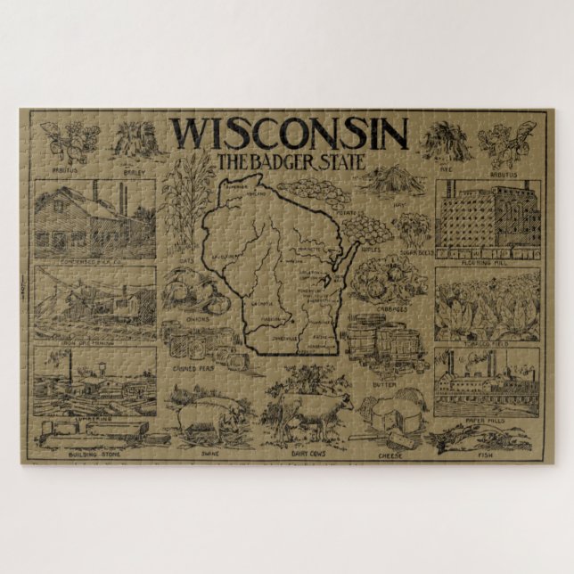 Quebra-cabeça Mapa Vintage de Wisconsin (1912) - Tan (Horizontal)
