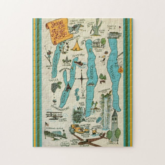 Quebra-cabeça Mapa Vintage Finger Lakes 11x14 (Vertical)