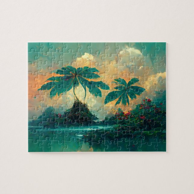 Quebra-cabeça Mar de Fantasia Tropical e Palmeiras (Horizontal)