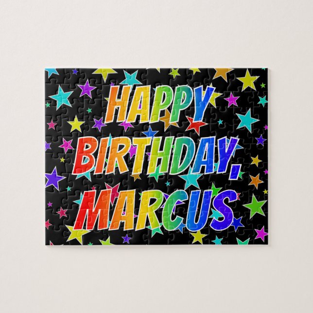Quebra-cabeça "MARCUS" Primeiro Nome, "FELIZ ANIVERSÁRIO" (Horizontal)