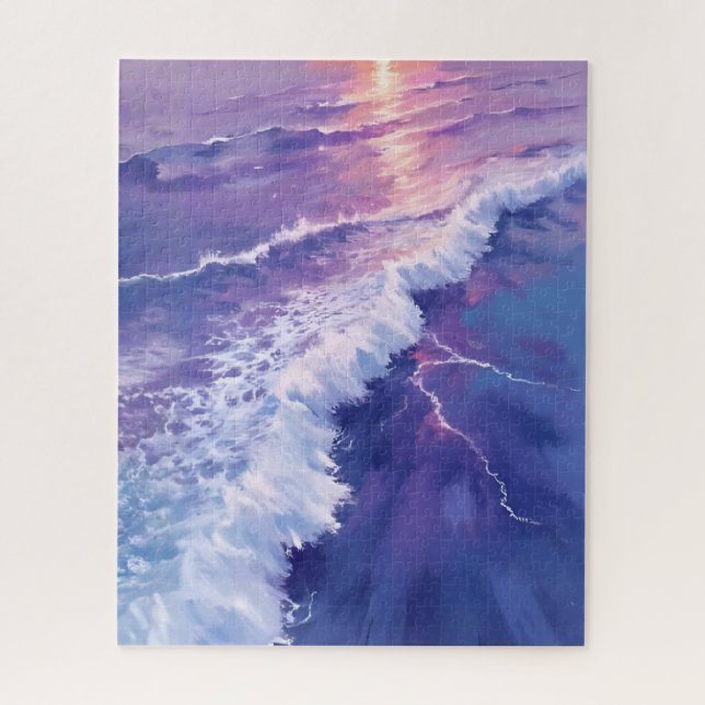 Quebra-cabeça Maré Roxa | Pintura em Aquarela de Ondas do Oceano (Vertical)