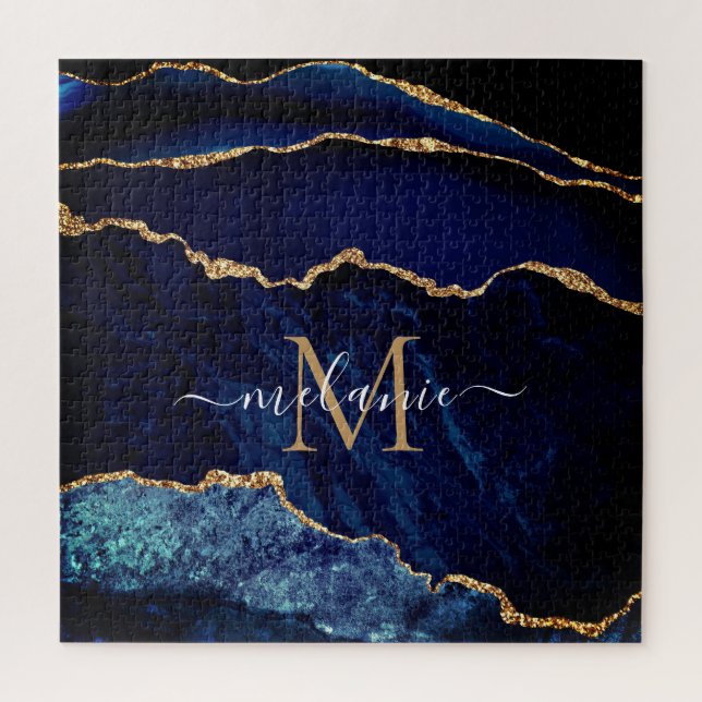 Quebra-cabeça Marinho Azul Dourado Mármaco Monograma Nome Quebra (Vertical)