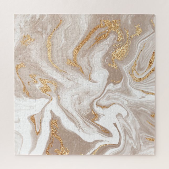 Quebra-cabeça Mármore líquido bege, arte da linha de ouro. (Vertical)