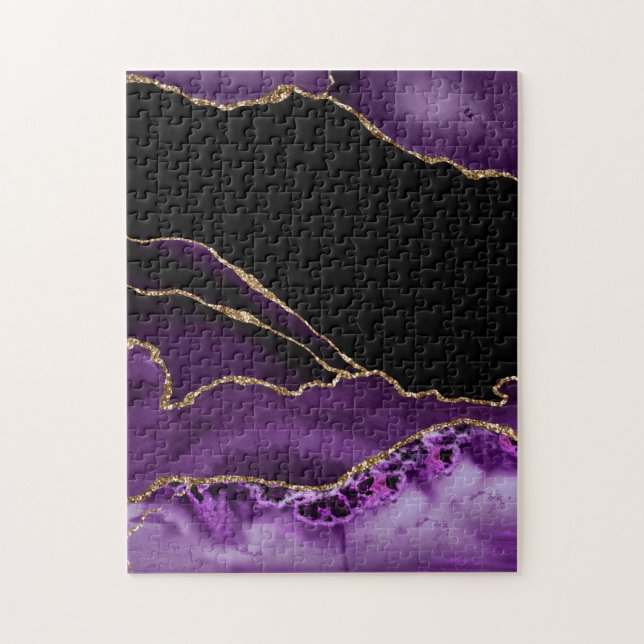 Quebra-cabeça Mármore Preto Violeta Ágata Glamour Escuro Dourado (Vertical)
