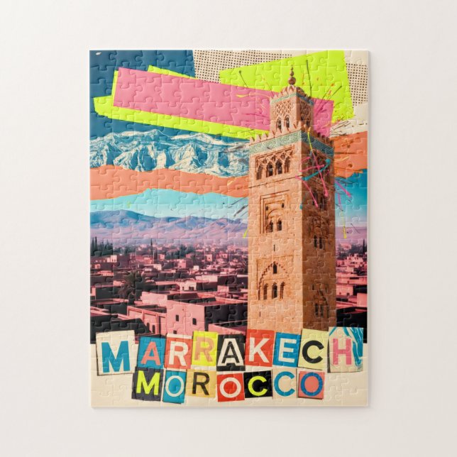 Quebra-cabeça Marrakech Marrocos Viagem Koutoubia Silhueta Vinta (Vertical)