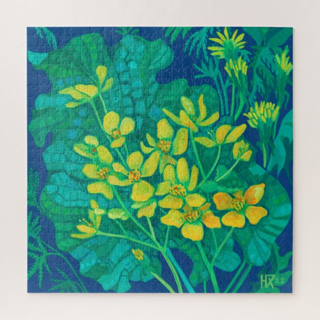 Quebra-cabeça Marsh Marigold Summer Wildflower Pintura Floral (Vertical)