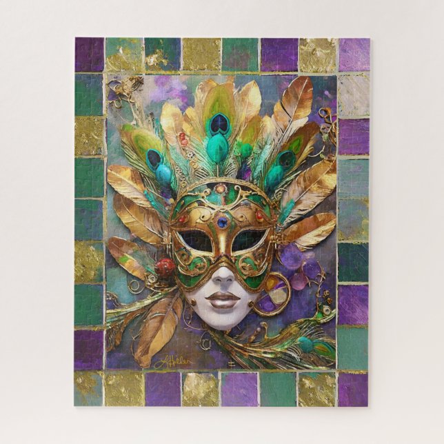 Quebra-cabeça Máscara de Pena de Pavão Dourado e Verde de Mardi  (Vertical)