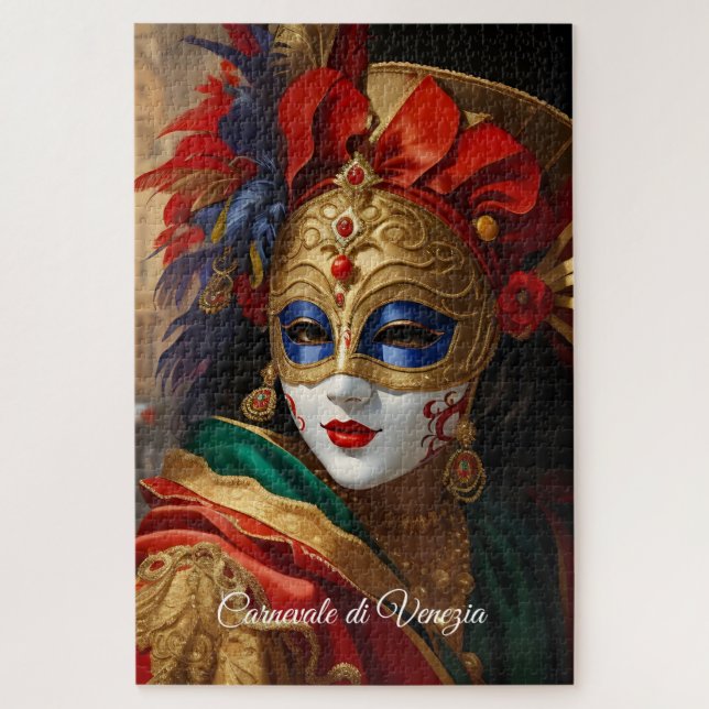 Quebra-cabeça máscara do Carnaval de Veneza dourado vermelho azu (Vertical)