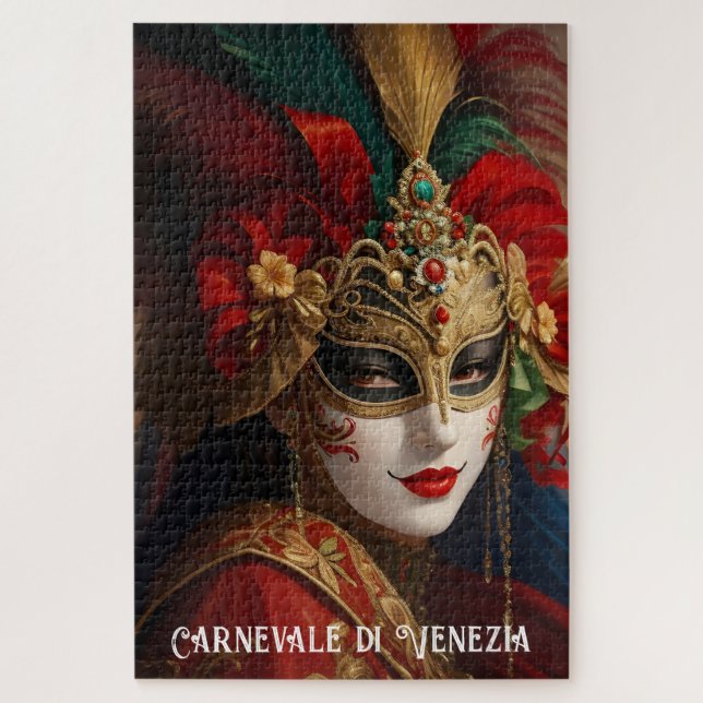 Quebra-cabeça Máscara do Carnaval de Veneza vermelha verde doura (Vertical)
