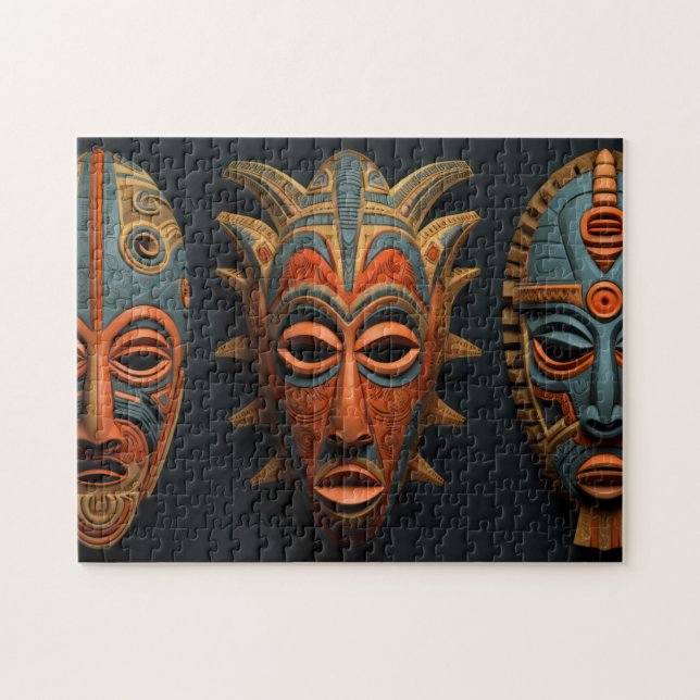 Quebra-cabeça Máscaras africanas em laranja e azul-turquesa (Horizontal)