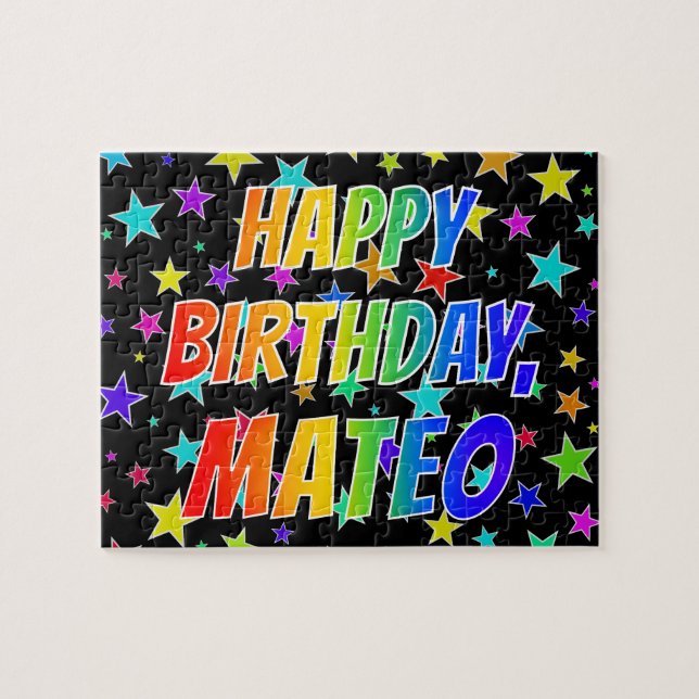Quebra-cabeça "MATEO" Primeiro Nome, Diversão "FELIZ ANIVERSÁRIO (Horizontal)