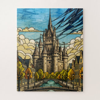 Quebra-cabeça Medieval Cityscape over Canal Stained Glass Illust
