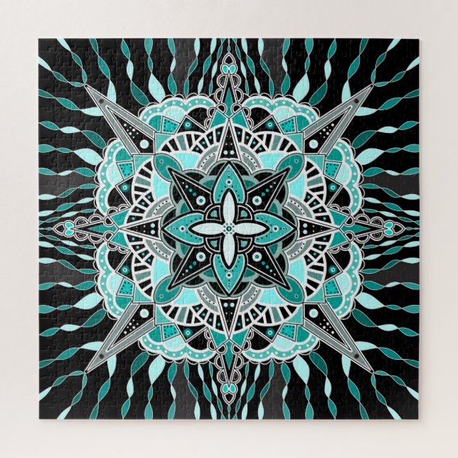 Quebra-cabeça Meditação Teal e Turquesa Mandala Abstrato (Vertical)