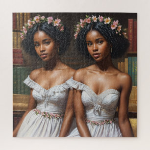 Quebra-cabeça Melanin Twin Sisters Gemini Biblioteca Art