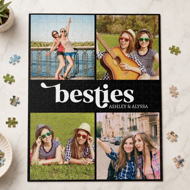 Quebra-cabeça Melhores Amigas 4 Foto Personalizada (modern chic stylish 4 photo collage besties jigsaw puzzle gift for best friend girlfriend bff)