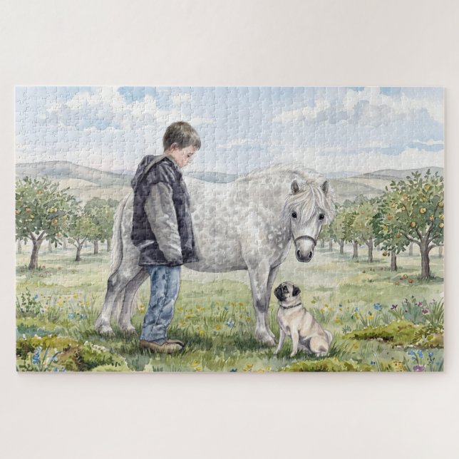 Quebra-cabeça Melhores Amigos-Menino com Pônei e Cachorro em um  (Horizontal)