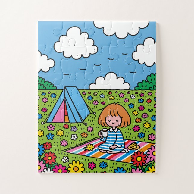 Quebra-cabeça Menina Acampando em um Largo Campo de Flores Silve (Vertical)