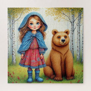 Quebra-cabeça Menina Adorável e Urso em Floresta Caprichosa