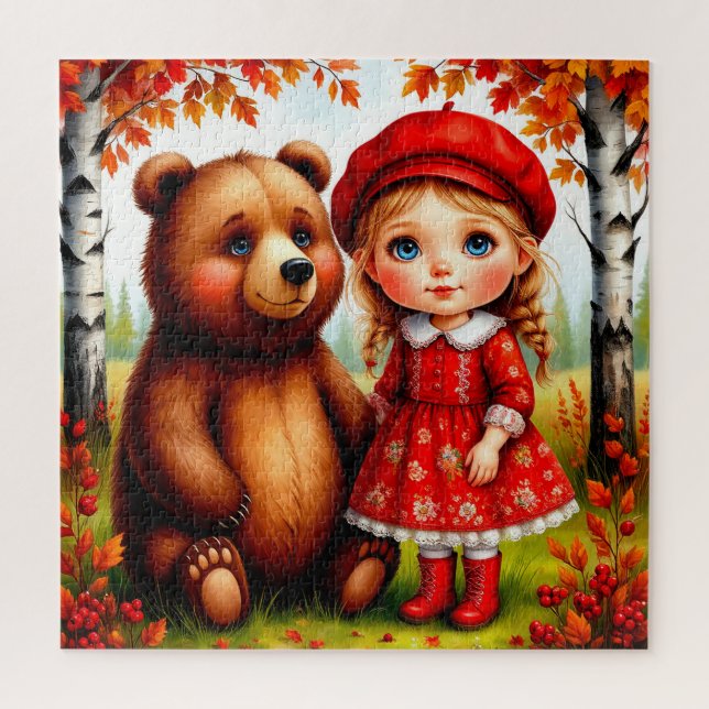 Quebra-cabeça Menina Adorável e Urso em Floresta Caprichosa (Vertical)