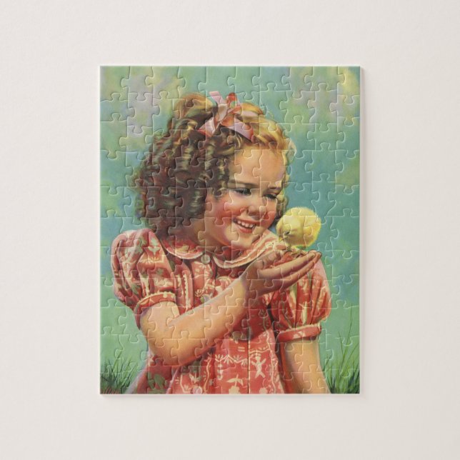 Quebra-cabeça Menina Antiga com Frango Bebê, Criança Feliz Sorri (Vertical)