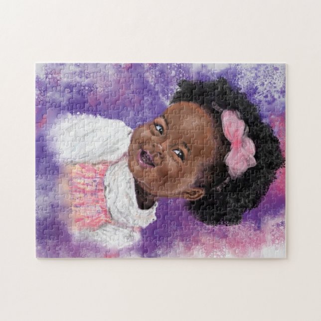 Quebra-cabeça Menina Bonita Com Fita Rosa - Arte De Aquarela (Horizontal)