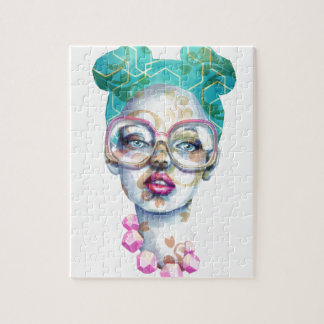 Quebra-cabeça Menina com arte Funky da Aquarela dos vidros