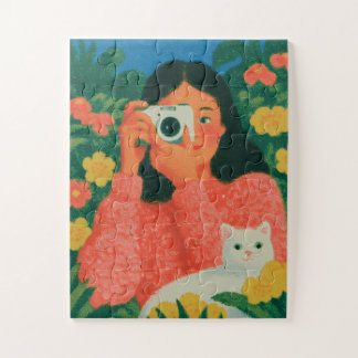 Quebra-cabeça Menina com Câmera e Gato no Jardim