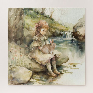 Quebra-cabeça Menina Com Coelho Pintura Em Aquarela