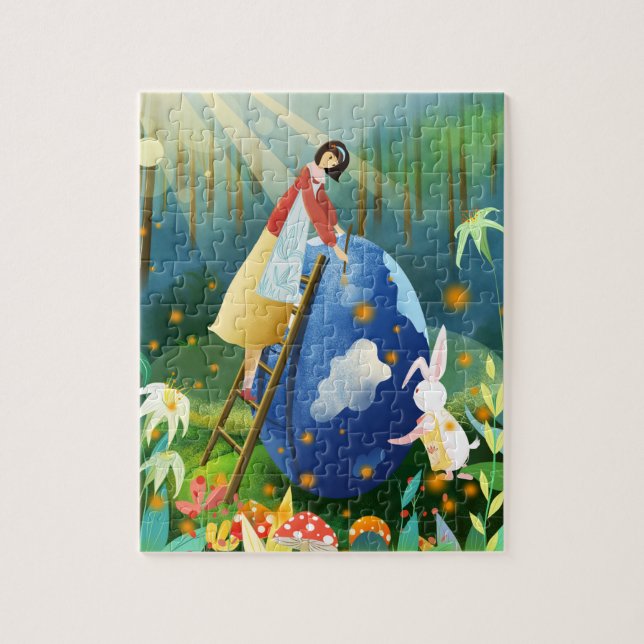 Quebra-cabeça Menina da Páscoa e Coelho Pintando Ovo Azul Gigant (Vertical)