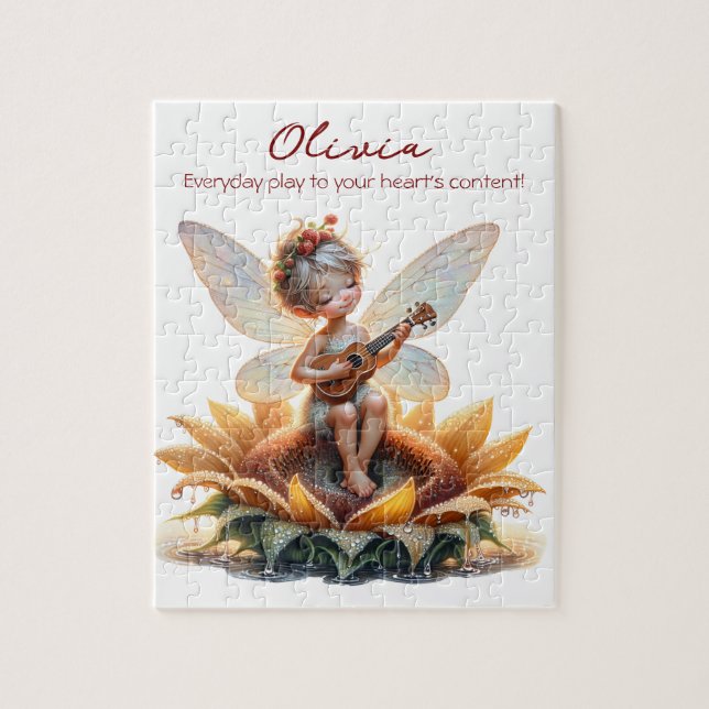 Quebra-cabeça Menina de Animação Bonita com Ukulele em Girassol (Vertical)