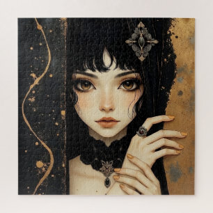 Quebra-cabeça Menina de Anime Gótico Preto e Dourado